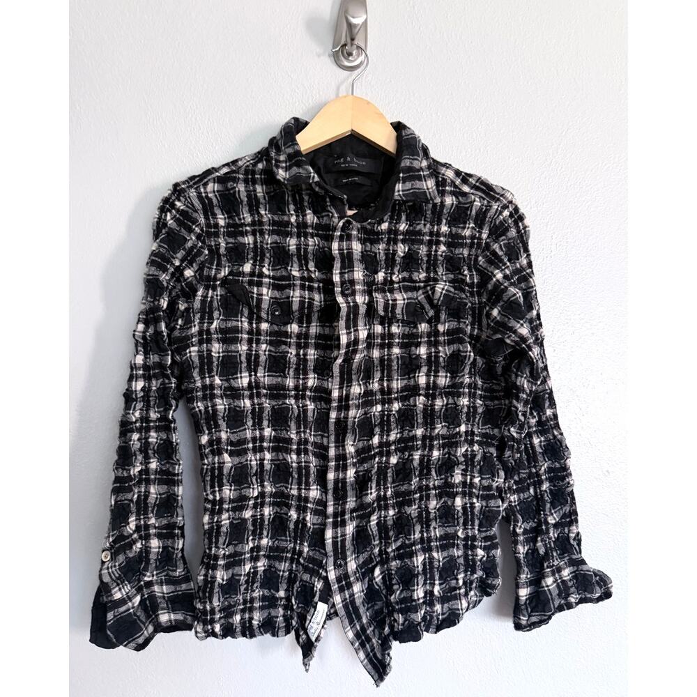 RAG & BONE black white heavy textured puckered plaid button down rugged shirt - Picture 2 of 9